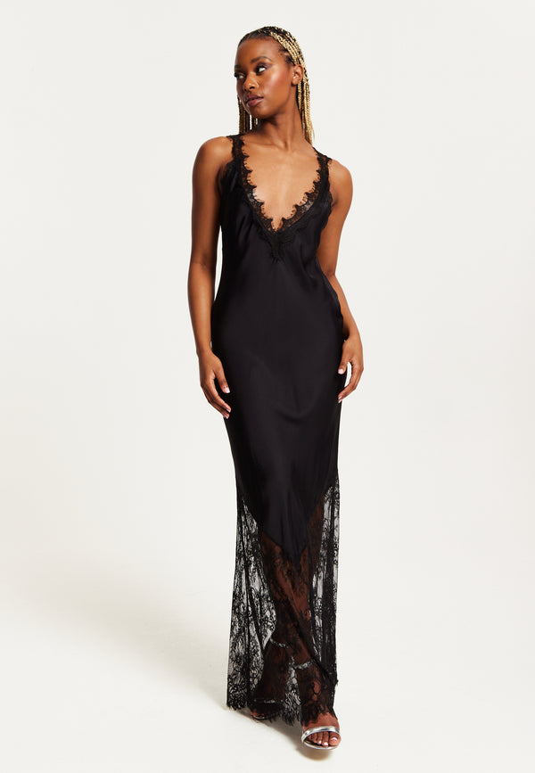 Liquorish Women's Maxi Dress With Lace Detail Deep V-Neck And Flowing Silhouette In Black - Liquorish