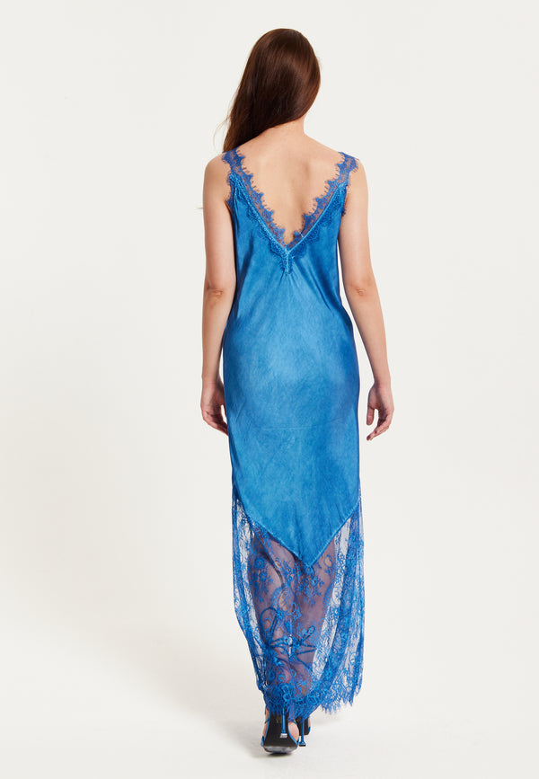Liquorish Women's Maxi Dress With Lace Detail Deep V-Neck And Ankle Length In Blue - Liquorish