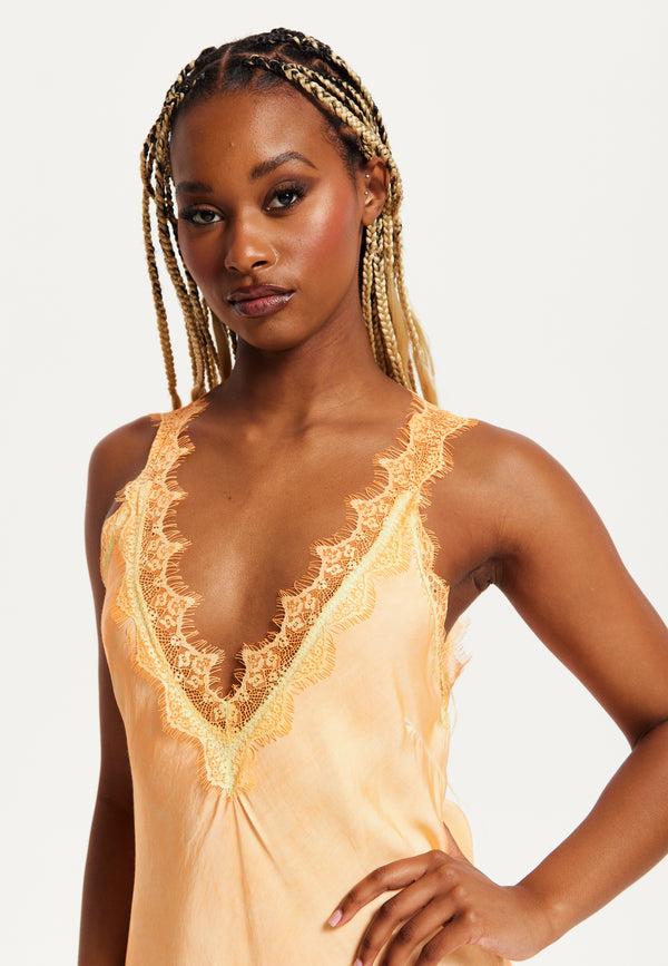 Liquorish Women's Maxi Dress With Lace Detail Deep V-Neck Flowing Silhouette In Orange - Liquorish