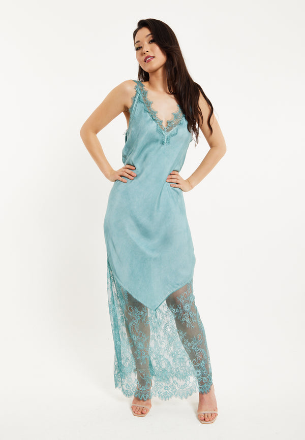 Liquorish Women's Maxi Dress With Lace Detail V-Neck And Short Sleeves In Sage Blue - Liquorish