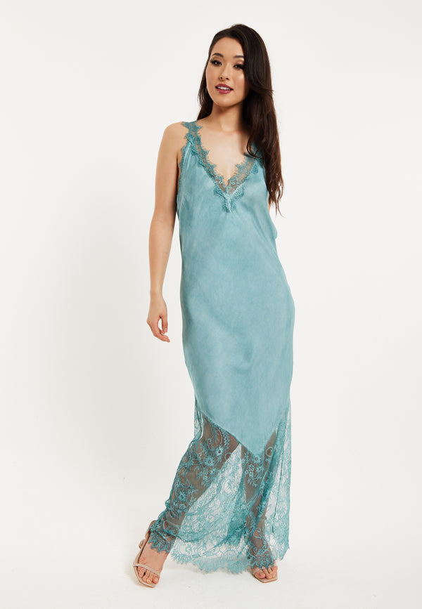 Liquorish Women's Maxi Dress with Lace Detail V-Neck and Short Sleeves in Sage Blue - Liquorish