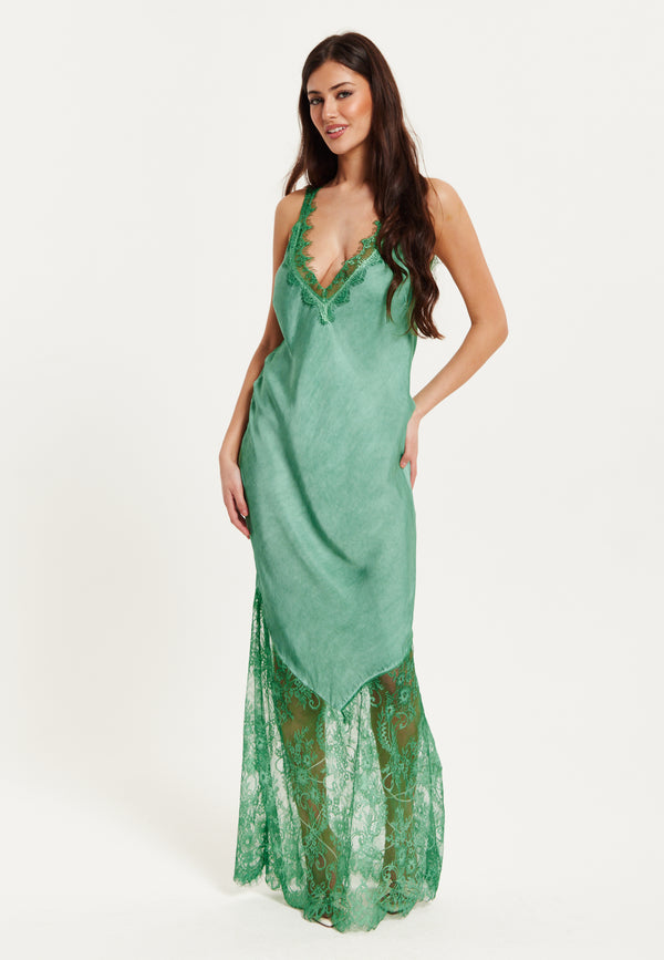 Liquorish Women's Maxi Dress With Lace Details Deep V-Neck Sleeveless In Dark Green - Liquorish