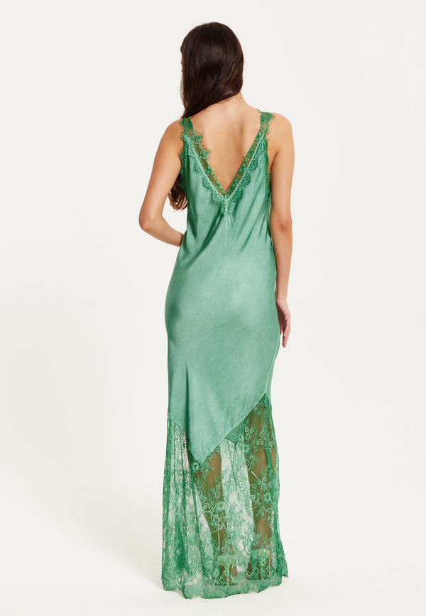 Liquorish Women's Maxi Dress With Lace Details Deep V-Neck Sleeveless In Dark Green - Liquorish