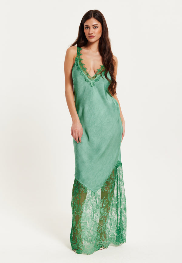 Liquorish Women's Maxi Dress with Lace Details Deep V-Neck Sleeveless in Dark Green - Liquorish