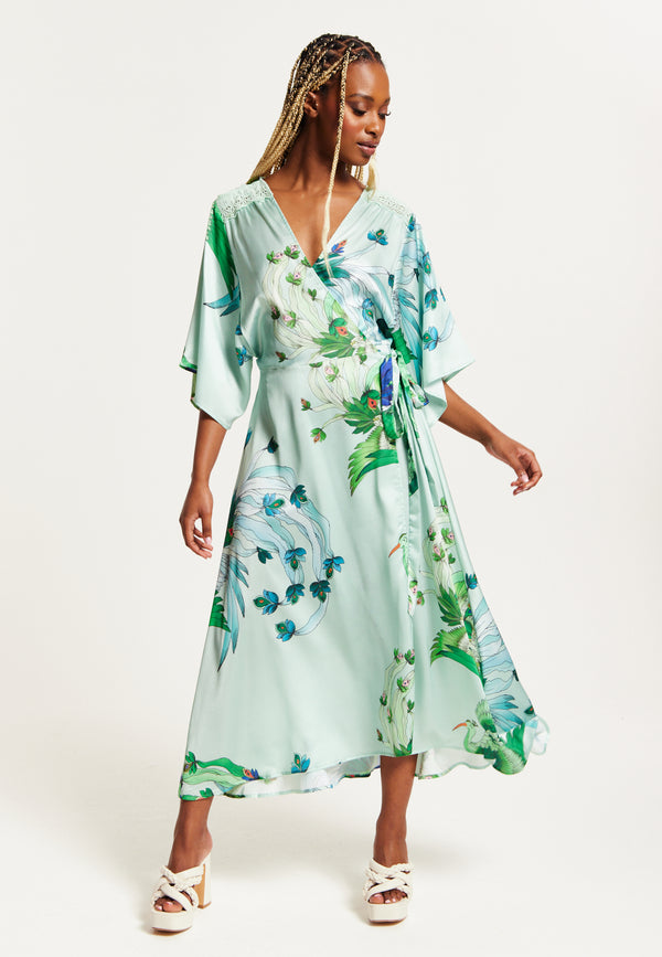 Liquorish Women's Maxi Dress With Lace Details V Neck Flowy Mint Green Bird And Floral Print Regular Fit Liquorish