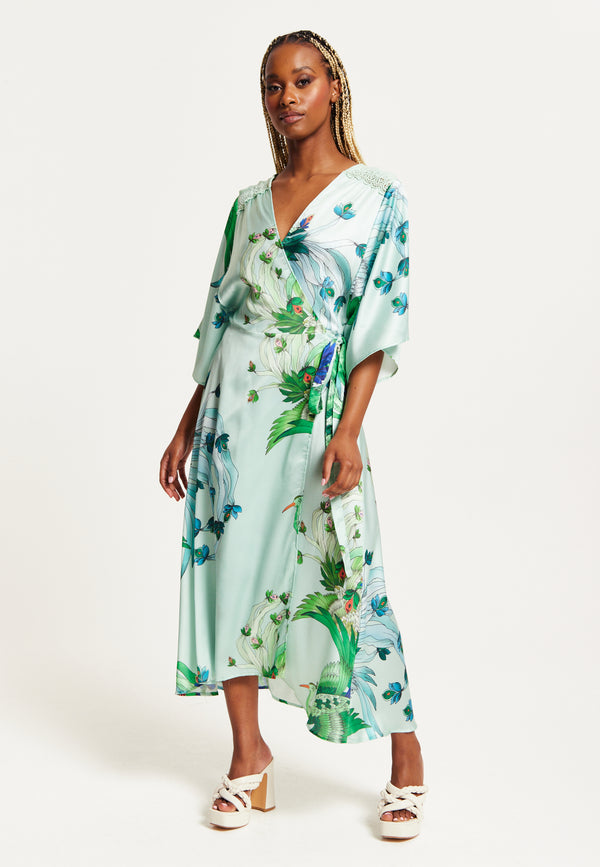 Liquorish Women's Maxi Dress With Lace Details V Neck Flowy Mint Green Bird And Floral Print Regular Fit Liquorish