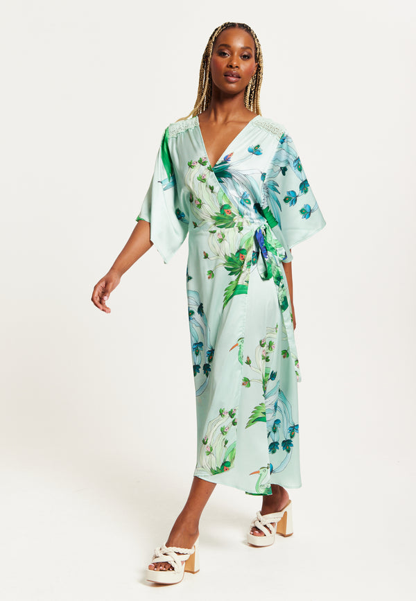 Liquorish Women's Maxi Dress With Lace Details V Neck Flowy Mint Green Bird And Floral Print Regular Fit Liquorish