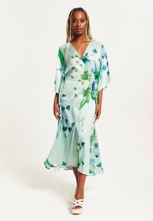 Liquorish Women's Maxi Dress with Lace Details V Neck Flowy Mint Green Bird and Floral Print Regular Fit Liquorish