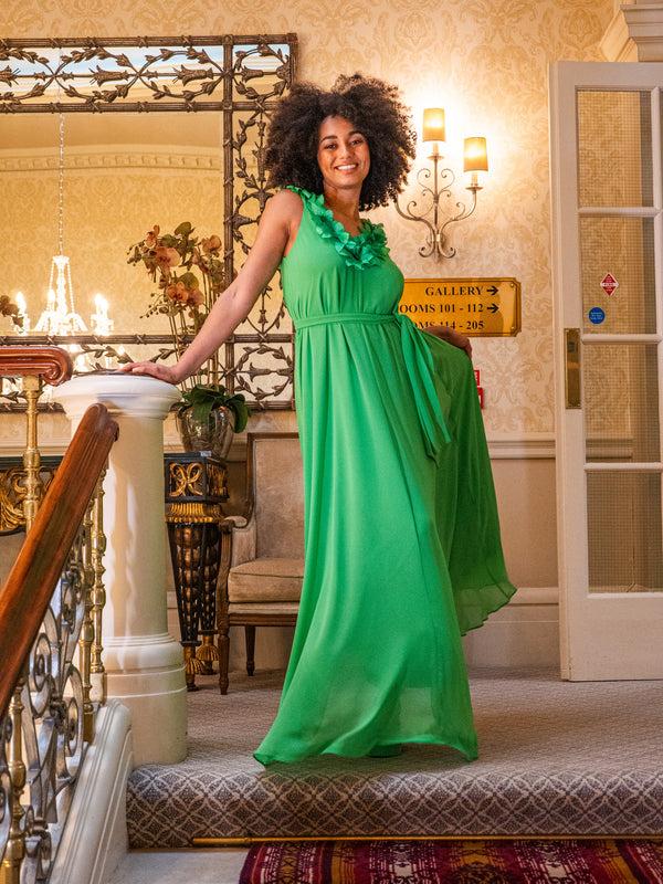 Liquorish Women's Maxi Dress With Leaf Detail And Tie Waist In Green - Elegant Design By Liquorish