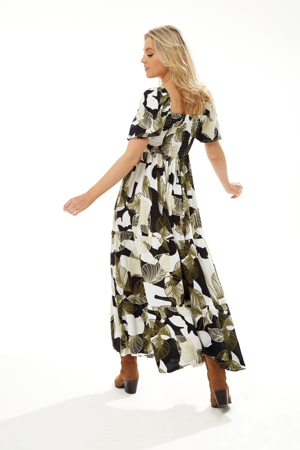 Liquorish Women's Maxi Dress With Leaf Print Button Up Front Short Sleeves - Stylish And Comfortable Liquorish