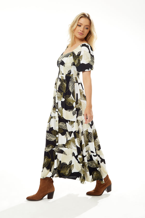 Liquorish Women's Maxi Dress With Leaf Print Button Up Front Short Sleeves - Stylish And Comfortable Liquorish