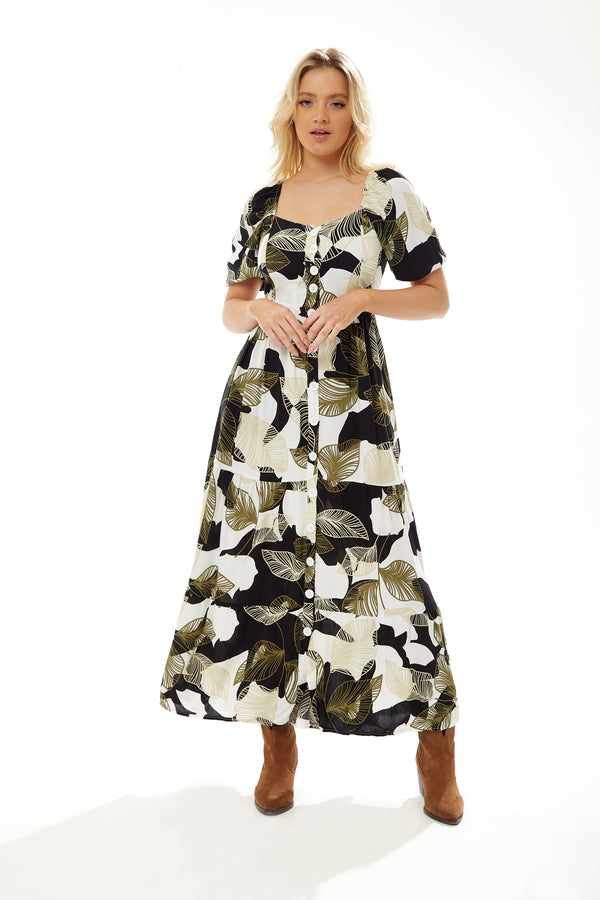 Liquorish Women's Maxi Dress with Leaf Print Button Up Front Short Sleeves - Stylish and Comfortable Liquorish