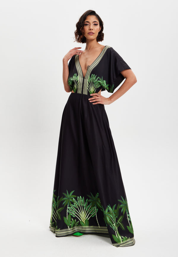 Liquorish Women's Maxi Dress With Leaf Print V-Neck A-Line Fit Back Detail Sleeveless - Elegant Style By Liquorish