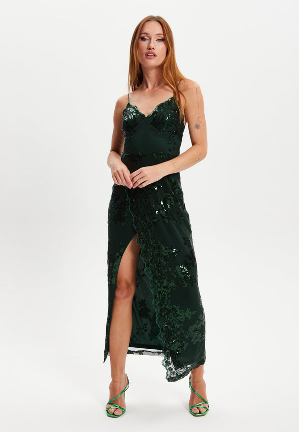 Liquorish Women's Maxi Dress With Long Slit And Slim Fit In Forest Green Sequin - Liquorish