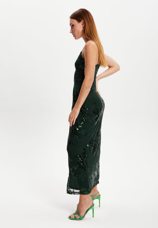 Liquorish Women's Maxi Dress With Long Slit And Slim Fit In Forest Green Sequin - Liquorish