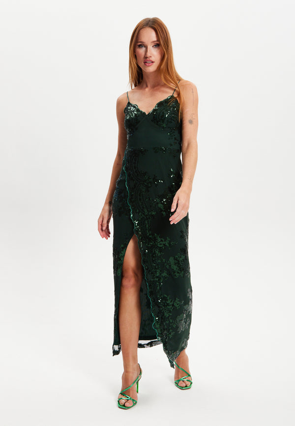 Liquorish Women's Maxi Dress with Long Slit and Slim Fit in Forest Green Sequin - Liquorish