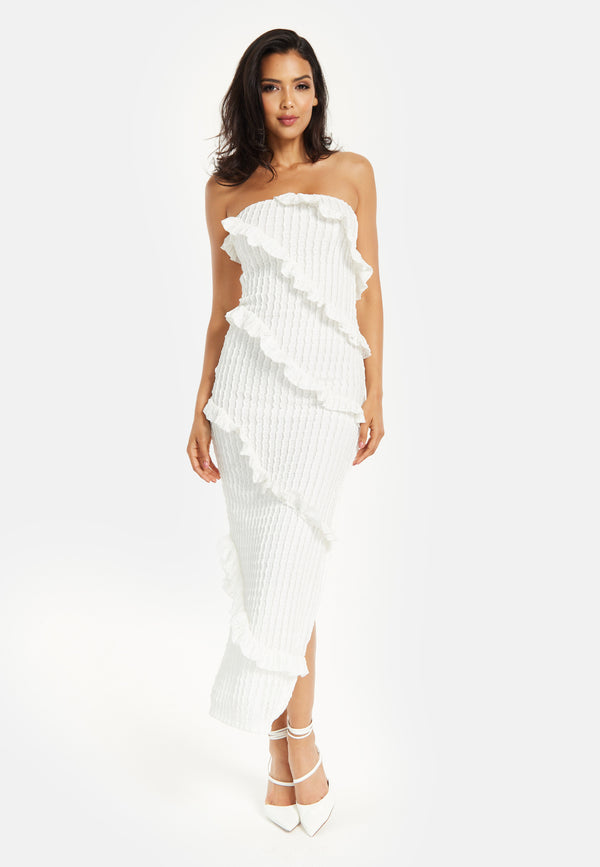 Liquorish Women’s Maxi Dress With Off Shoulder Design And Diagonal Frilled Slit Detail In White