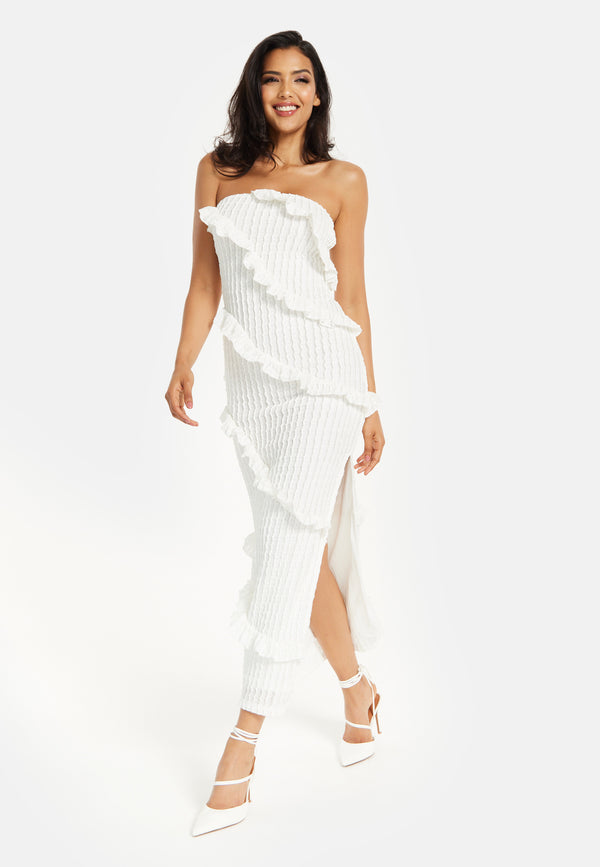 Liquorish Women’s Maxi Dress with Off Shoulder Design and Diagonal Frilled Slit Detail in White