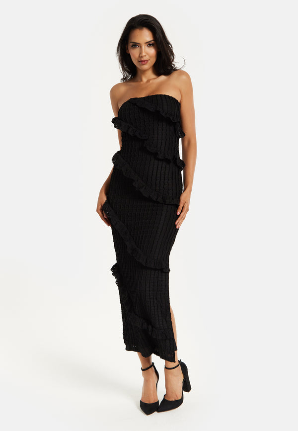 Liquorish Women's Maxi Dress With Off-Shoulder Design Diagonal Frilled Slit Detail In Classic Black
