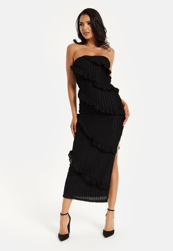 Liquorish Women's Maxi Dress With Off-Shoulder Design Diagonal Frilled Slit Detail In Classic Black