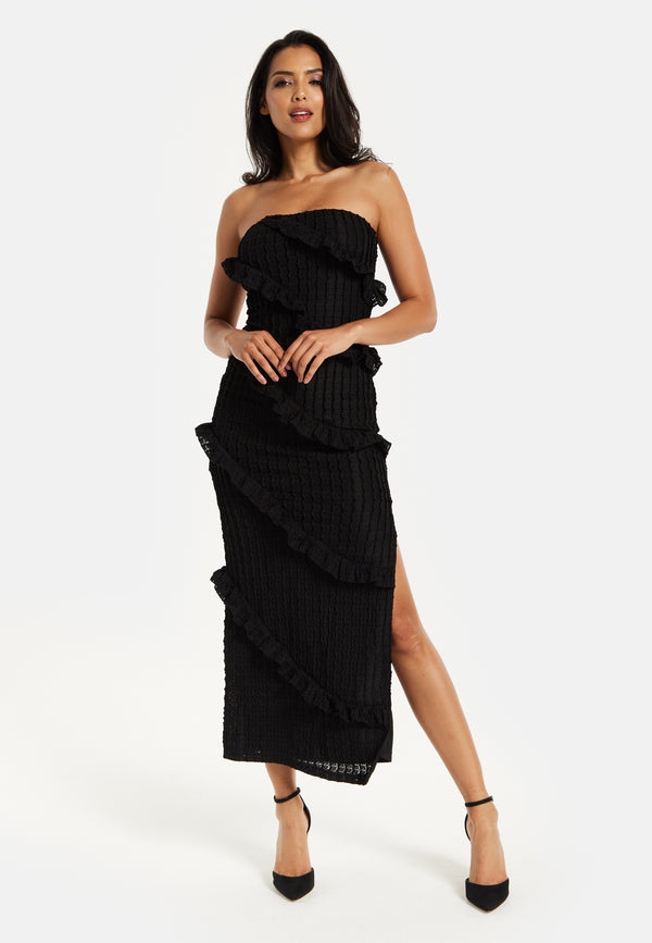 Liquorish Women's Maxi Dress with Off-Shoulder Design Diagonal Frilled Slit Detail in Classic Black