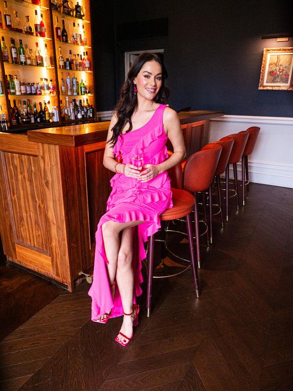 Liquorish Women's Maxi Dress With One Shoulder Design And Diagonal Ruffle Detail In Pink - Liquorish