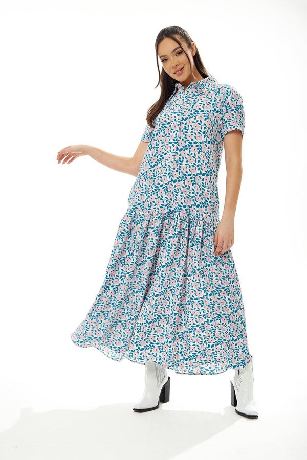 Liquorish Women's Maxi Dress With Short Sleeves Floral Print Oversized Fit In Vibrant Colors - Liquorish