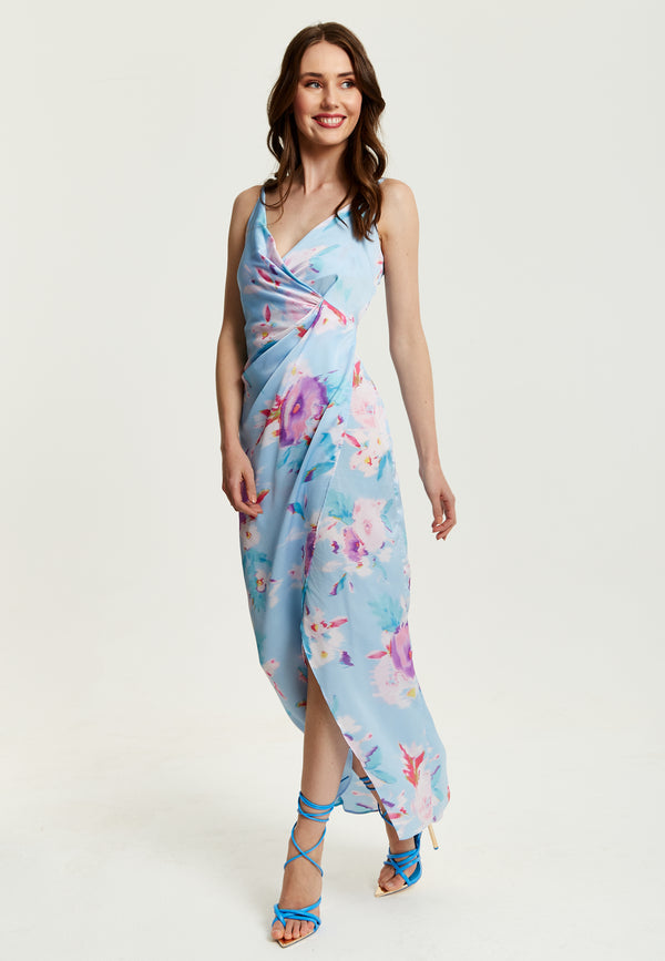 Liquorish Women's Maxi Dress With Side Tie Floral Print Maxi Length Sleeveless In Blue - Liquorish