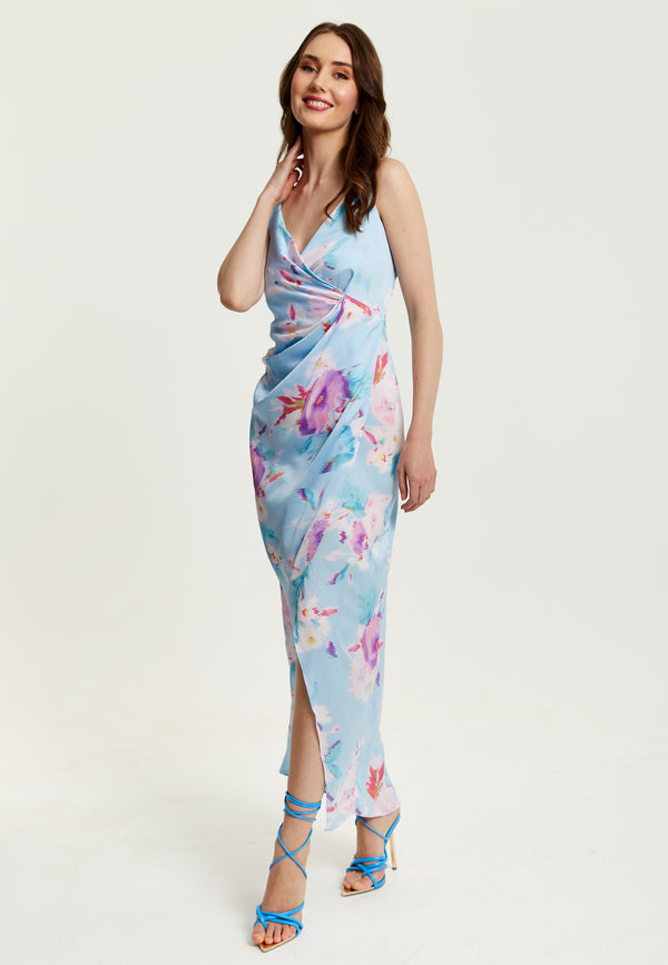Liquorish Women's Maxi Dress With Side Tie Floral Print Maxi Length Sleeveless In Blue - Liquorish