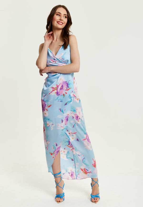 Liquorish Women's Maxi Dress With Side Tie Floral Print Maxi Length Sleeveless In Blue - Liquorish