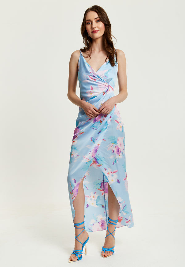 Liquorish Women's Maxi Dress with Side Tie Floral Print Maxi Length Sleeveless in Blue - Liquorish