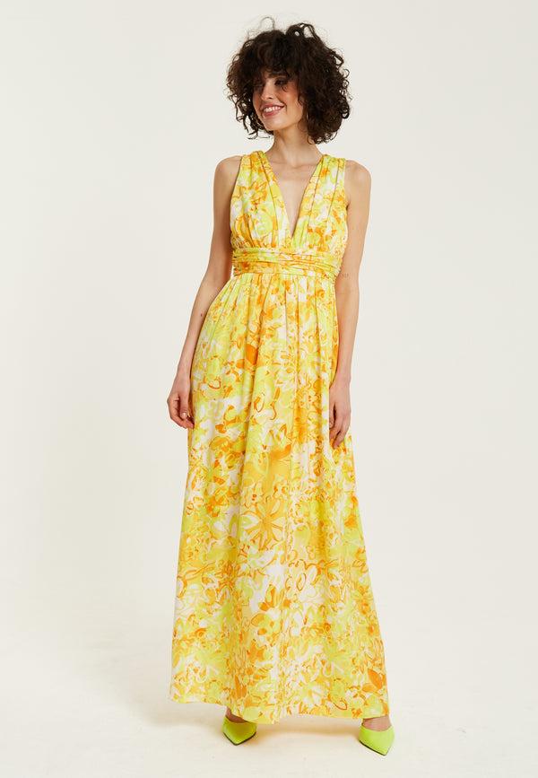 Liquorish Women's Maxi Dress With Sleeveless Design In Yellow And Orange Floral Print - Elegant V-Neck Style By Liquorish