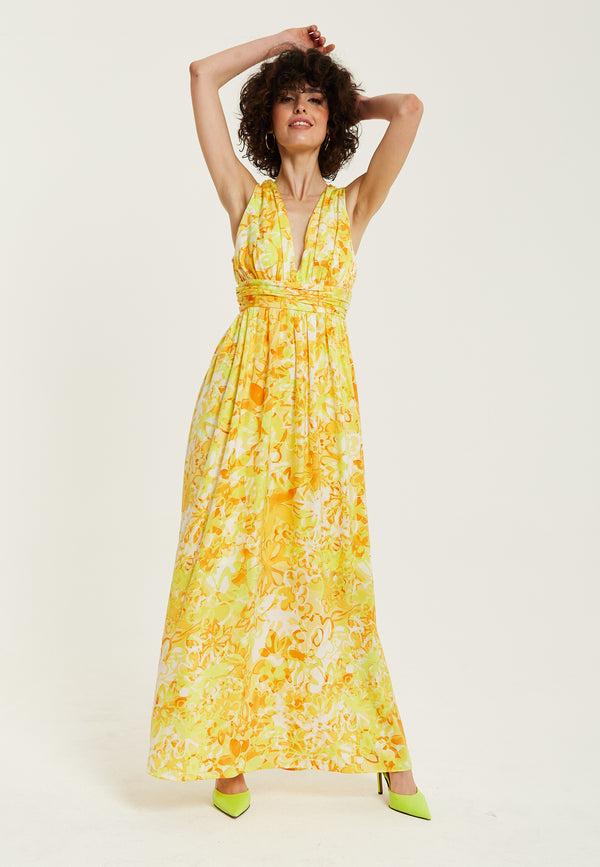 Liquorish Women's Maxi Dress With Sleeveless Design In Yellow And Orange Floral Print - Elegant V-Neck Style By Liquorish