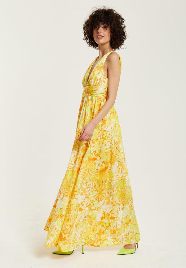 Liquorish Women's Maxi Dress With Sleeveless Design In Yellow And Orange Floral Print - Elegant V-Neck Style By Liquorish