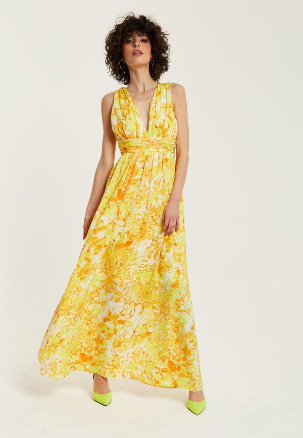 Liquorish Women's Maxi Dress with Sleeveless Design in Yellow and Orange Floral Print - Elegant V-Neck Style by Liquorish