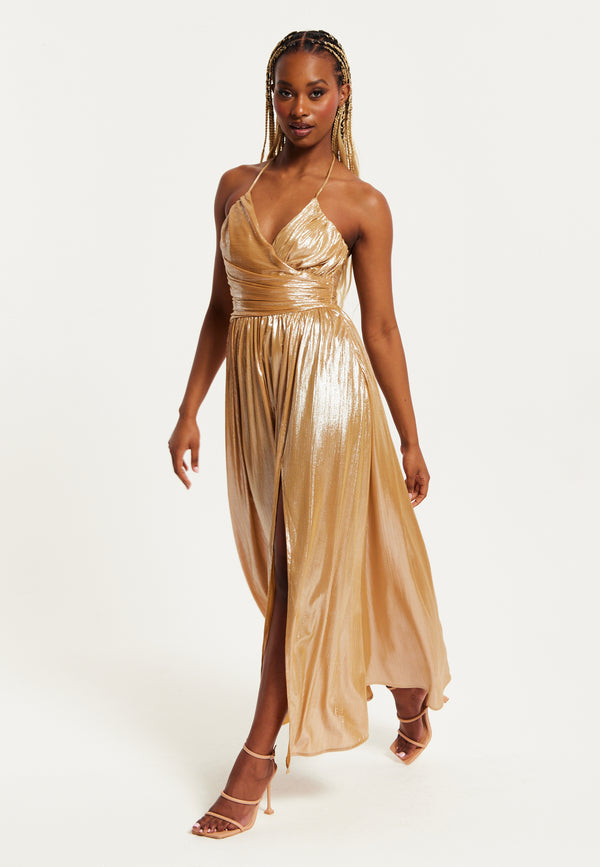 Liquorish Women's Maxi Dress With Strapless Design Gold Foil Print Side Slit And Open Back - Liquorish