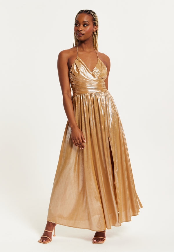 Liquorish Women's Maxi Dress With Strapless Design Gold Foil Print Side Slit And Open Back - Liquorish