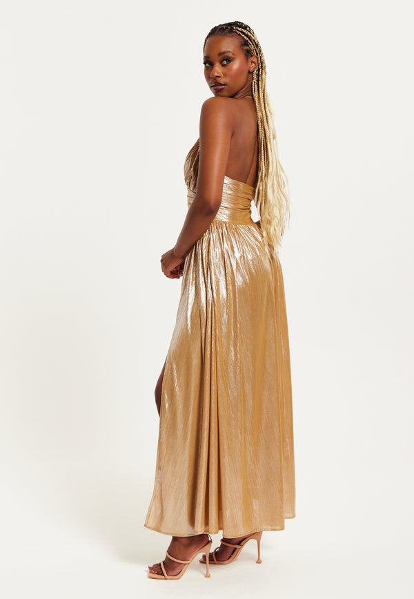 Liquorish Women's Maxi Dress With Strapless Design Gold Foil Print Side Slit And Open Back - Liquorish