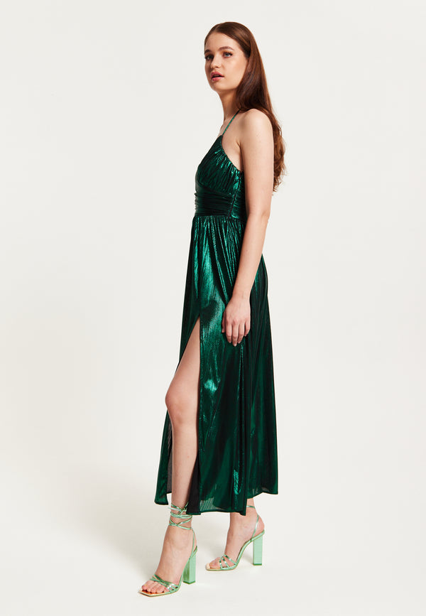 Liquorish Women's Maxi Dress With Strapless Design Side Slit Open Back And Green Foil Print By Liquorish