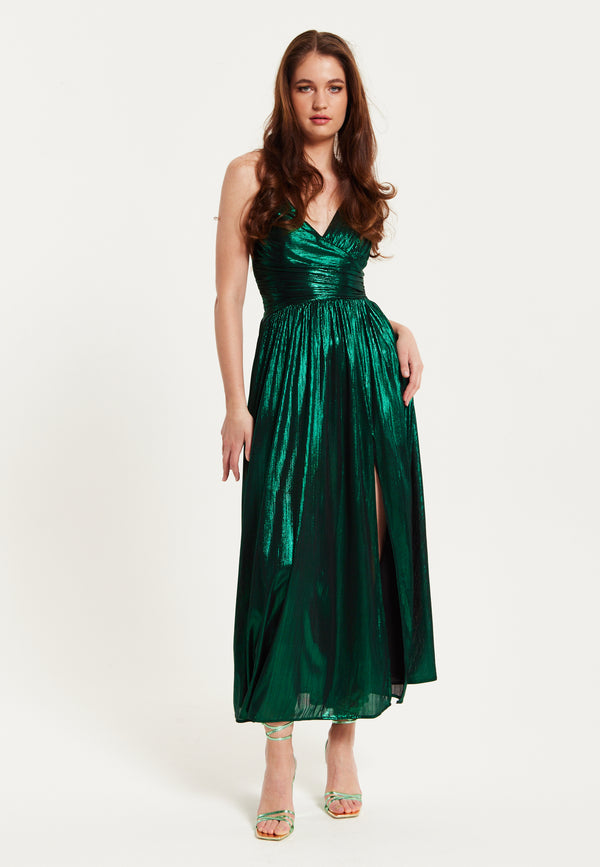Liquorish Women's Maxi Dress with Strapless Design Side Slit Open Back and Green Foil Print by Liquorish