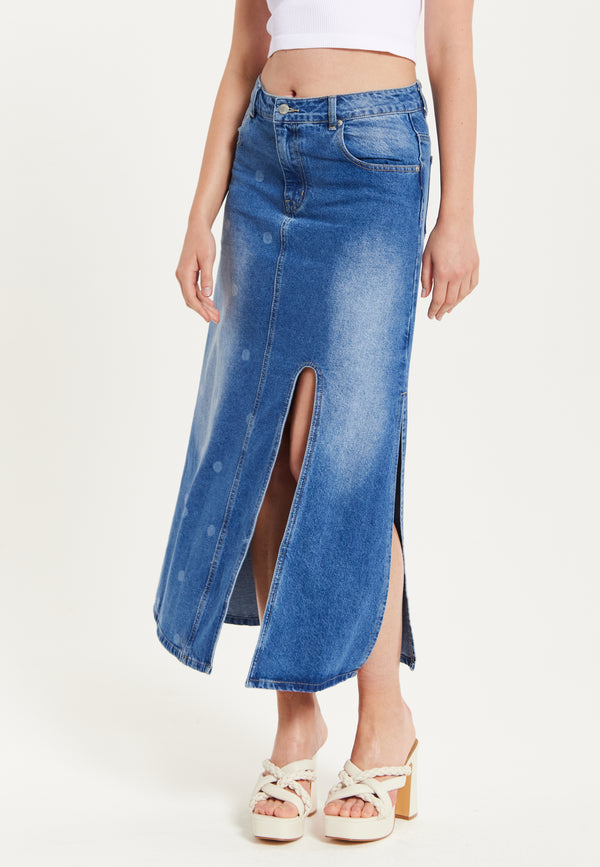 Liquorish Women's Maxi Polka Dot Denim Skirt With Slit Detail And Belt Loops - 100% Cotton By Liquorish