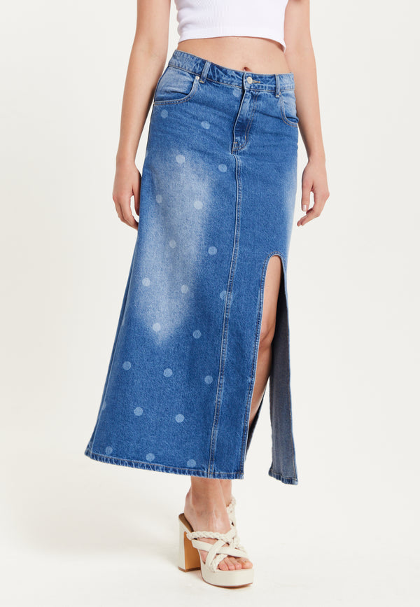 Liquorish Women's Maxi Polka Dot Denim Skirt With Slit Detail And Belt Loops - 100% Cotton By Liquorish