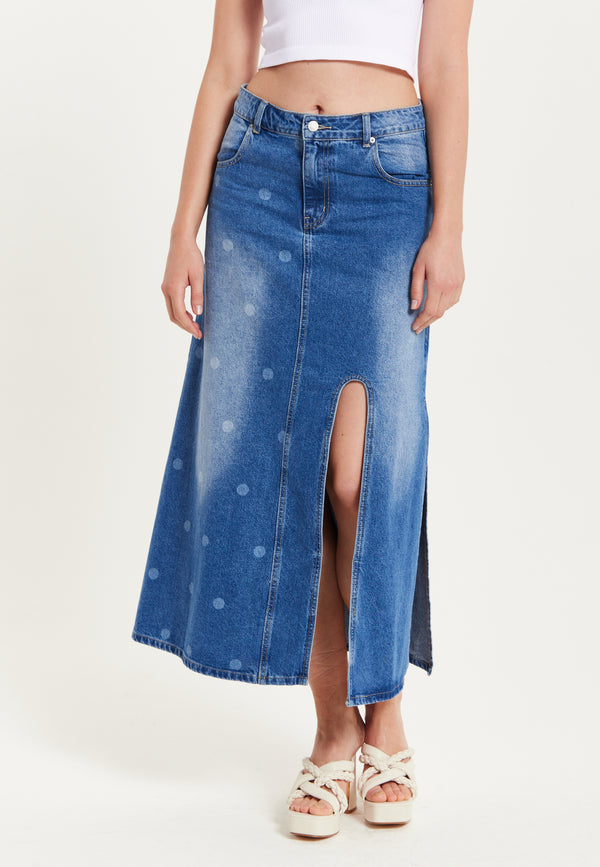 Liquorish Women's Maxi Polka Dot Denim Skirt With Slit Detail And Belt Loops - 100% Cotton By Liquorish