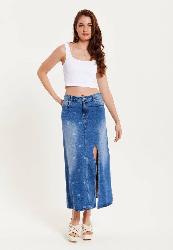 Liquorish Women's Maxi Polka Dot Denim Skirt with Slit Detail and Belt Loops - 100% Cotton by Liquorish