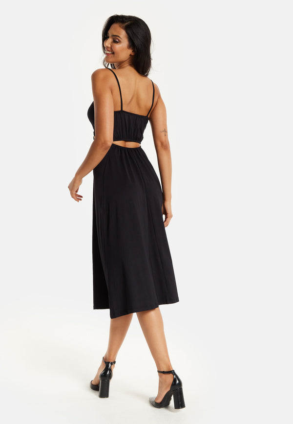 Liquorish Women's Midi Dress Elegant Black Cami Dress With Alluring Cut-Out Details