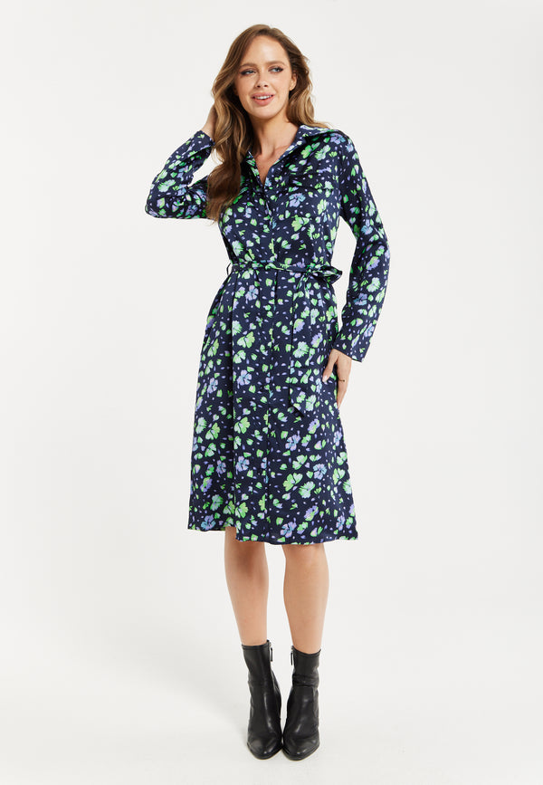 Liquorish Women’s Midi Dress Floral Print In Multicolour & Navy With Adjustable Waist Tie And Full-Length Sleeves