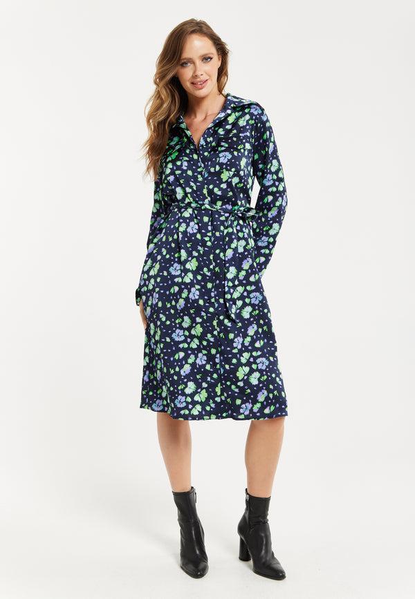 Liquorish Women’s Midi Dress Floral Print In Multicolour & Navy With Adjustable Waist Tie And Full-Length Sleeves