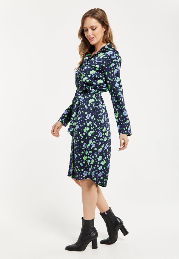 Liquorish Women’s Midi Dress Floral Print In Multicolour & Navy With Adjustable Waist Tie And Full-Length Sleeves