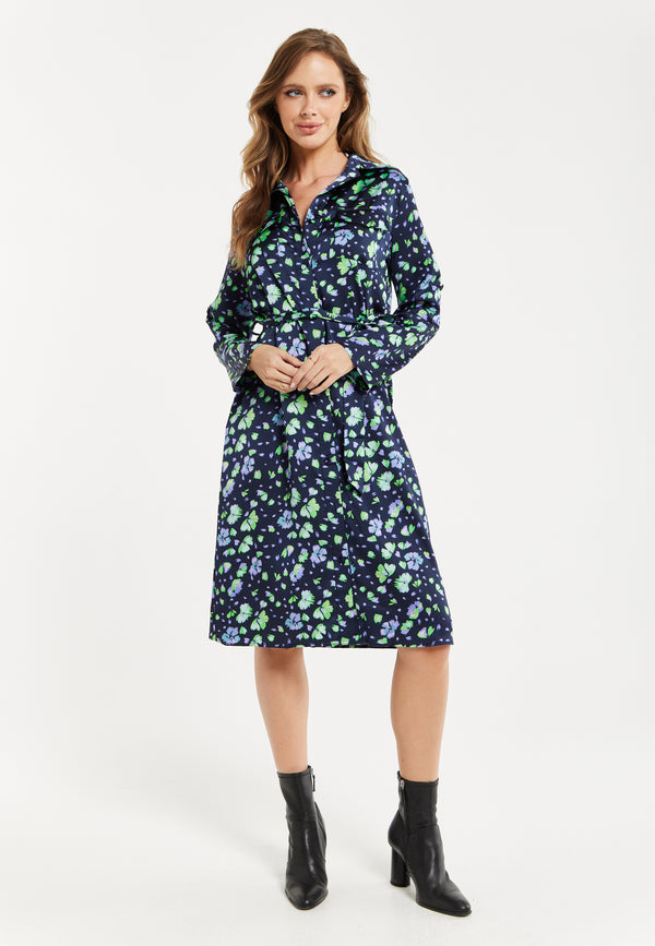 Liquorish Women’s Midi Dress Floral Print in Multicolour & Navy with Adjustable Waist Tie and Full-Length Sleeves
