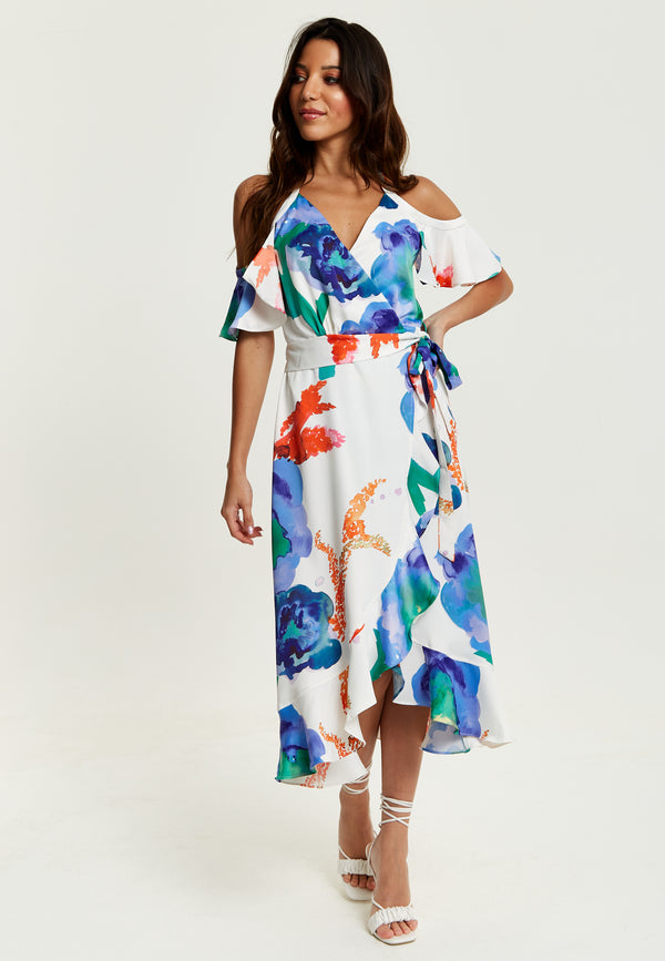 Liquorish Women's Midi Dress - Floral Print White Wrap Dress With Long Sleeves And Frill Details - Perfect For Weddings - Liquorish